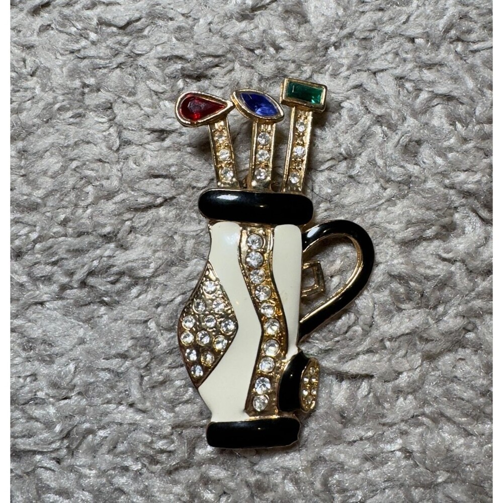 Vintage Golf Bag Pin Brooch Black White Enamel Multicolor Rhinestones Art Deco